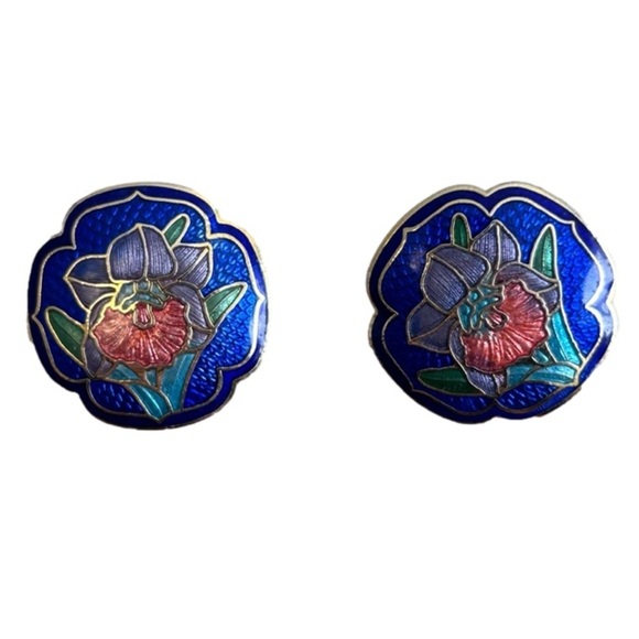 Vintage Cloisonné Pierced Earrings Floral Design - Picture 3 of 5